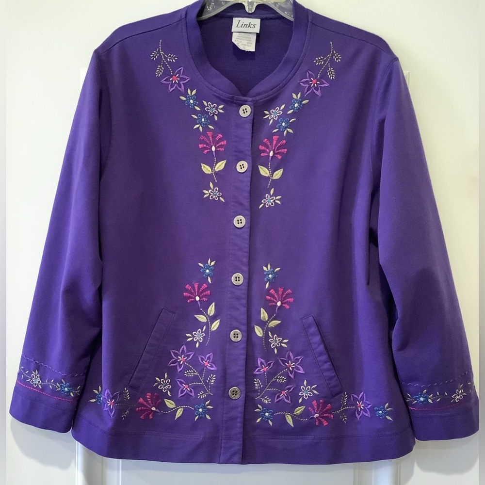 Links Brand Purple Floral Button Front Cardigan Sweater Jacket Size XL Top